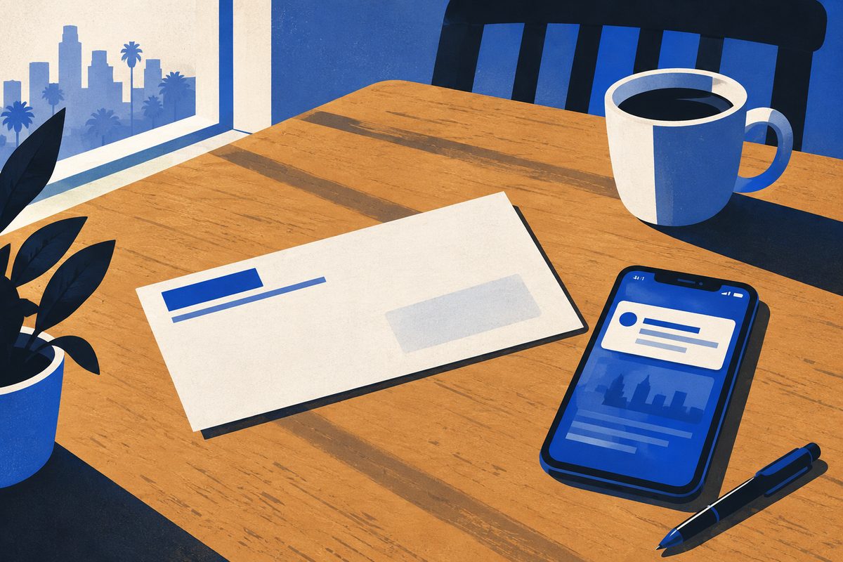 Illustration: Flat editorial illustration in the Politics desk's style, matching the voter-subpoena story: an unopened mail-in ballot envelope lying on a worn wooden kitchen table in a Los Angeles home, morning light from a window casting long soft shadows across the tabletop. Beside the envelope, a smartphone lies face up with its screen lit by a news alert banner, rendered as abstract shapes and blank bars with no readable words. A half-finished cup of coffee and a pen nearby suggest someone about to fill out the ballot. No people and no faces, no readable text, no logos, seals or insignia anywhere, including on the envelope. Muted, restrained palette of warm ochre, dusty blue and off-white, with subtle paper-grain texture and deliberate, considered composition. Quiet, slightly uneasy mood. Not clip-art, not cartoonish, not a stock-photo look, and not photographic.