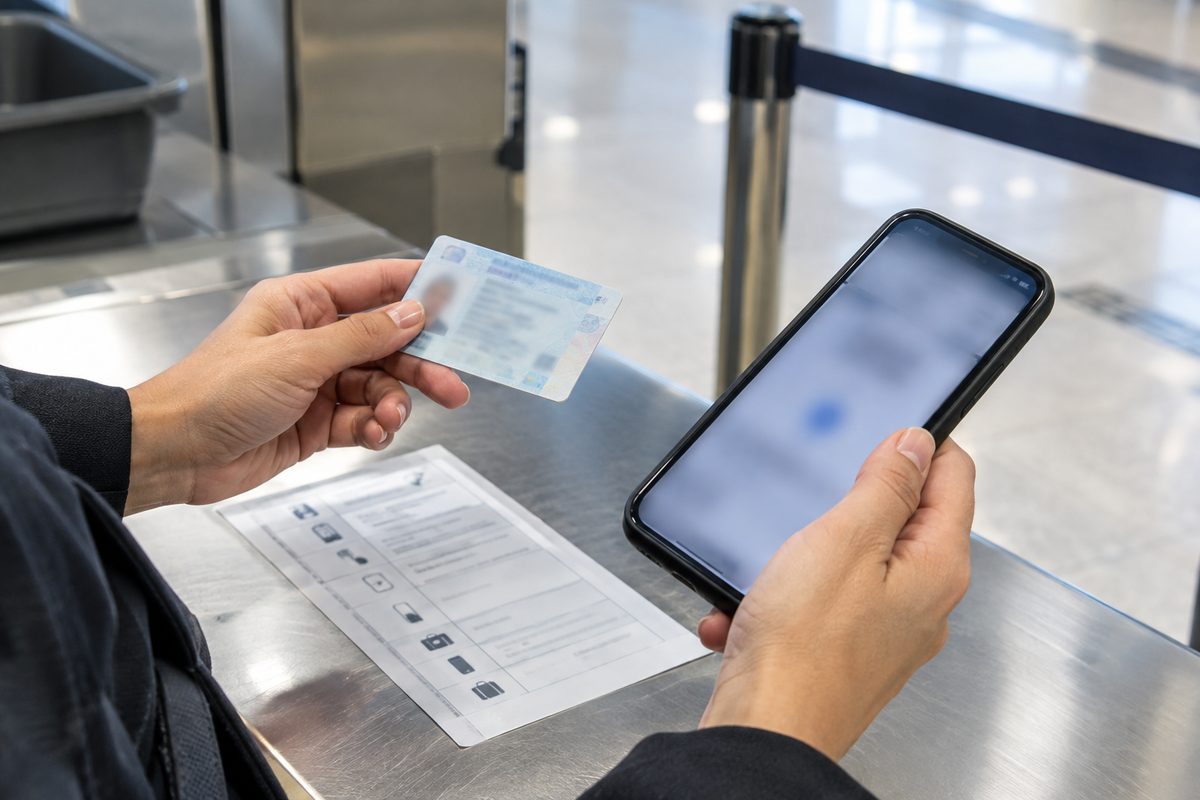 Close-up of a traveler's hands holding a state-issued ID card and a phone at an airport security counter.