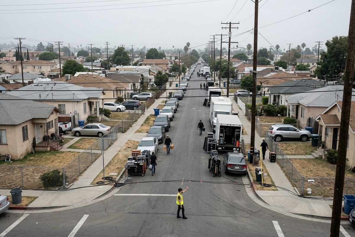 Production trucks and cables line a residential street in Boyle Heights as a young production assistant in a safety vest holds pedestrians at the corner on an overcast afternoon.
