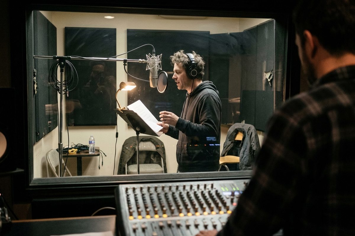 A voice actor in headphones speaks into a studio microphone inside a lamp-lit recording booth, seen through the control-room glass.