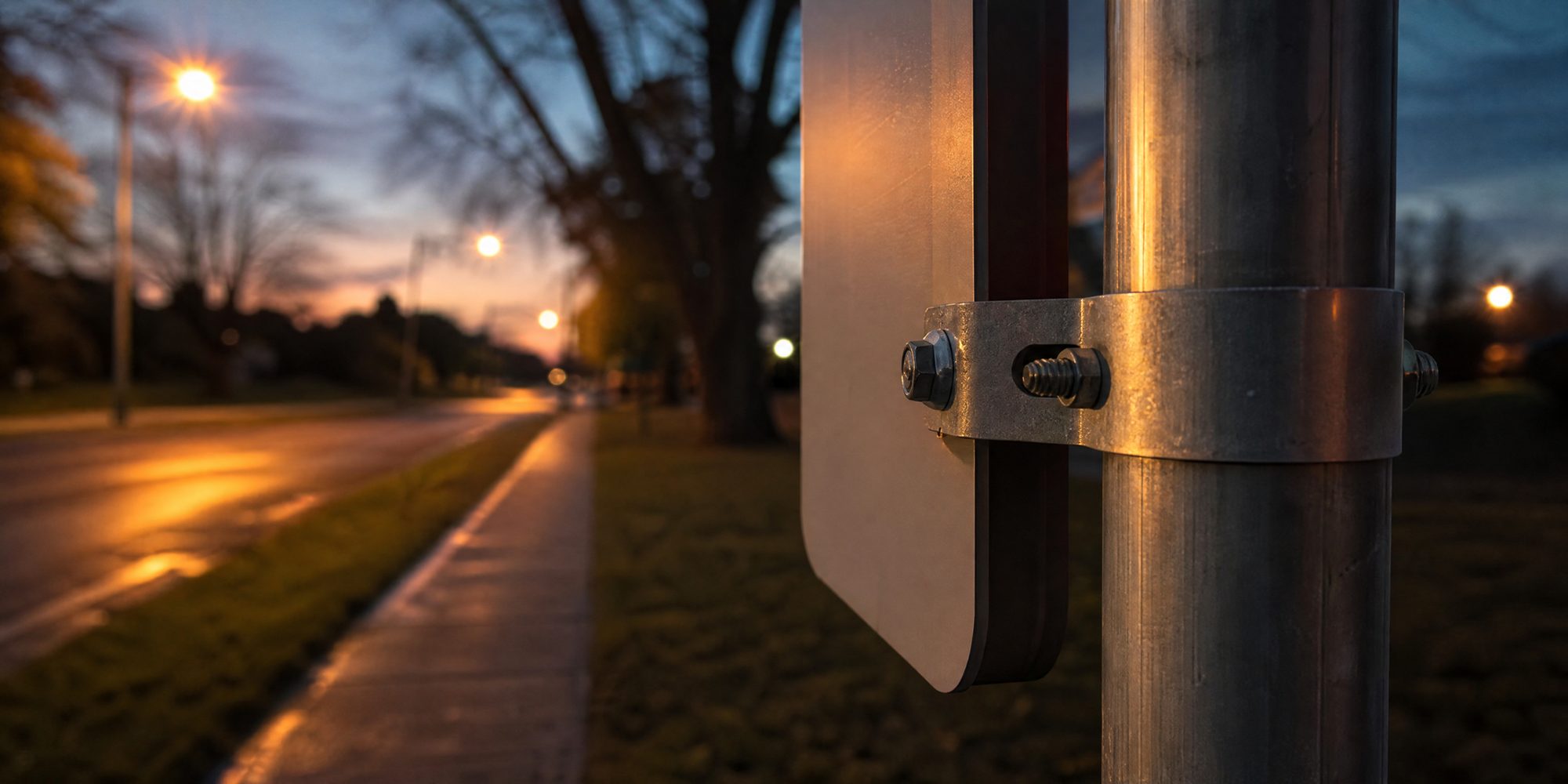 Close macro view of bolts and a bracket holding a blank municipal sign to a metal pole beside a sidewalk at dusk, orange street light behind.