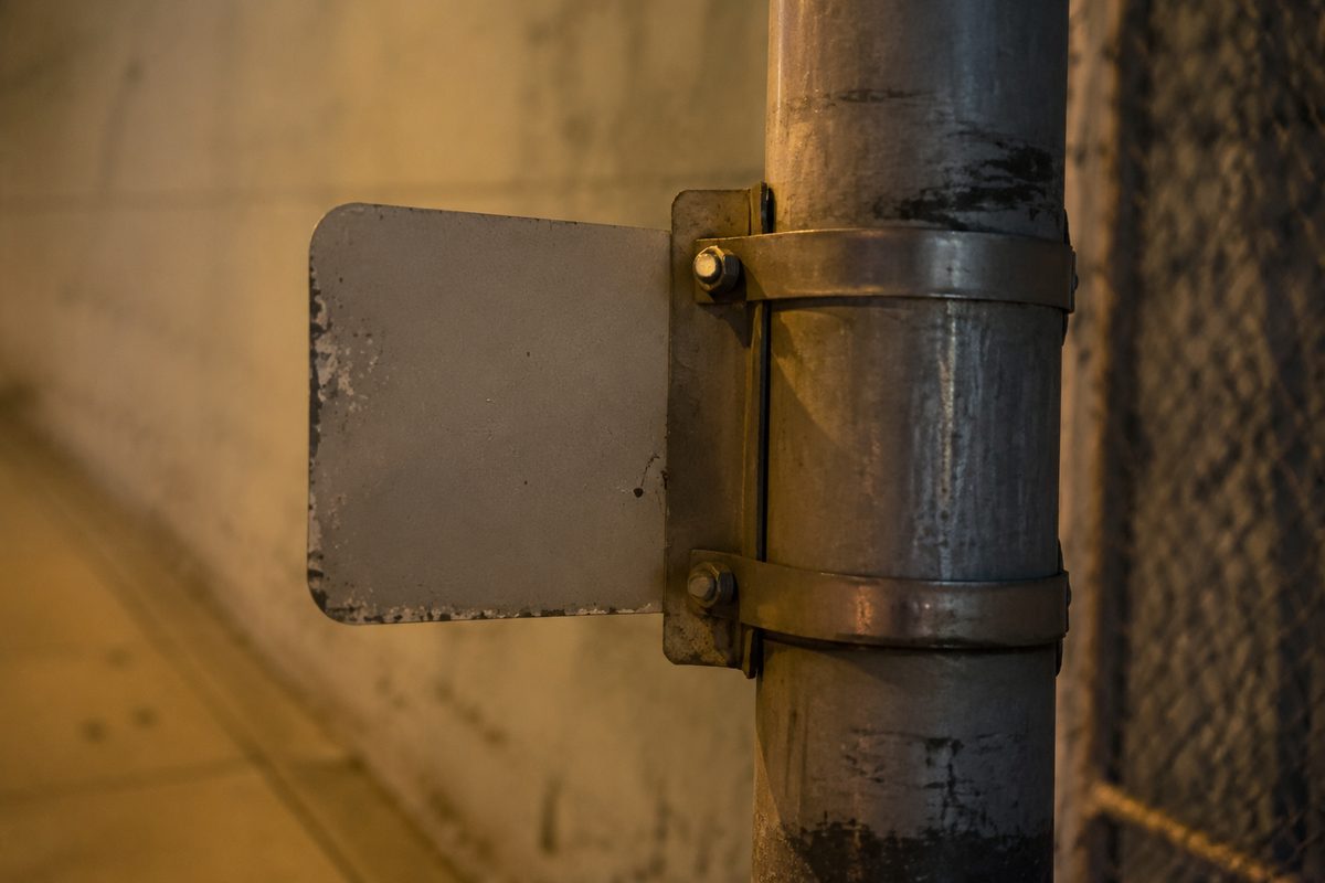 Close macro view of bolts and a bracket holding a blank municipal sign to a metal pole beside a sidewalk at dusk, orange street light behind.