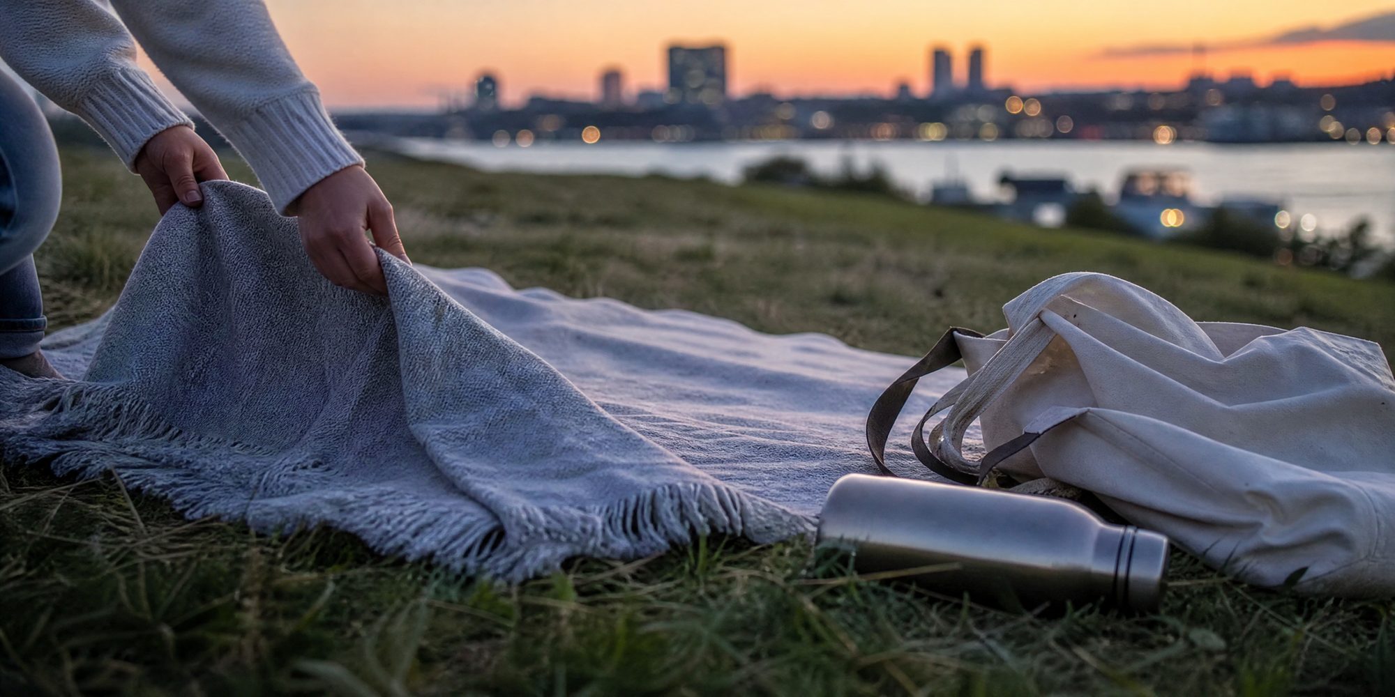 Close view of hands spreading a folded blanket over grass at dusk, a canvas bag and a water bottle beside it.