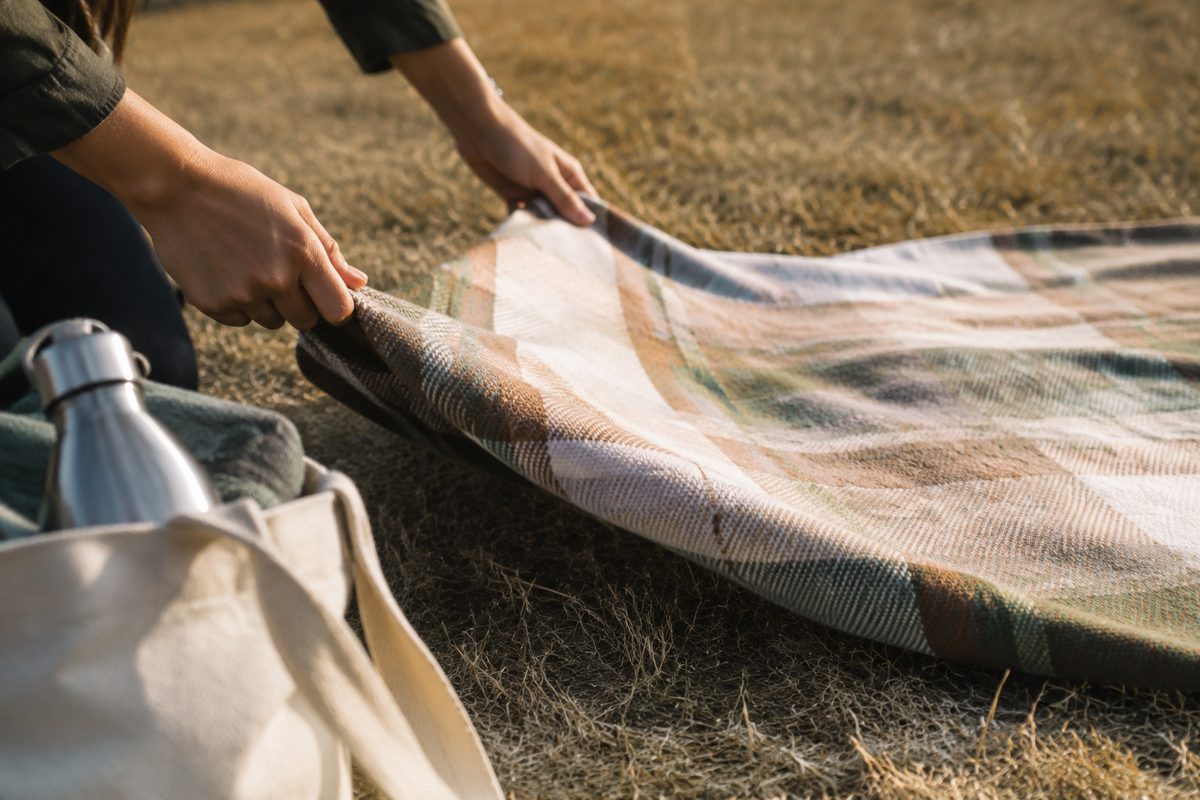 Close view of hands spreading a folded blanket over grass at dusk, a canvas bag and a water bottle beside it.