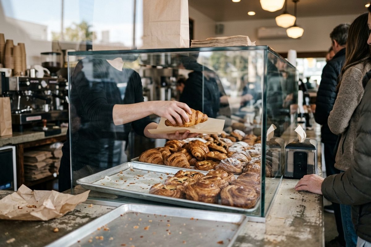 Hands reach for a croissant from a glass pastry case at a busy bakery counter near the Santa Monica Airport on a bright morning.