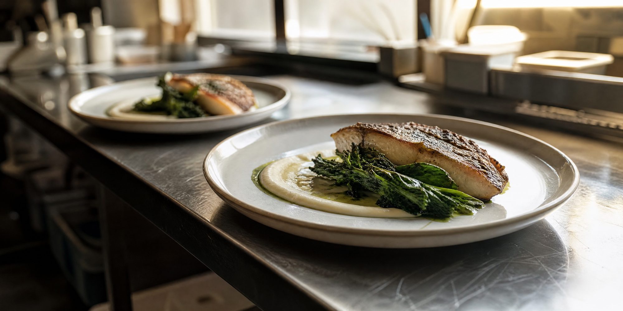 A plated fish fillet with charred greens and a sauce smear on a scratched steel kitchen pass, lit by warm window light, with a second plate blurred behind it.