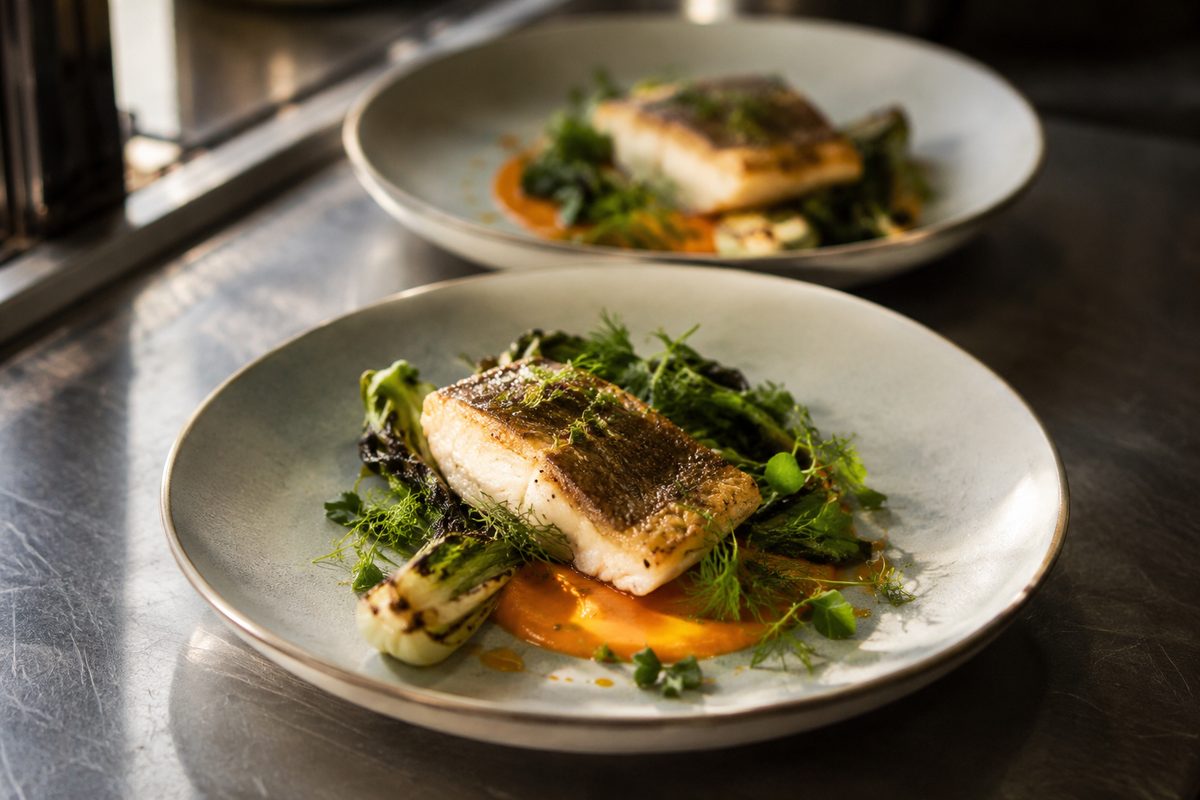 A plated fish fillet with charred greens and a sauce smear on a scratched steel kitchen pass, lit by warm window light, with a second plate blurred behind it.