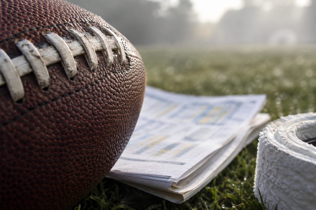 Extreme macro of a football's laces and stitching resting on a folded paper stat sheet with unreadable type, hazy morning light.