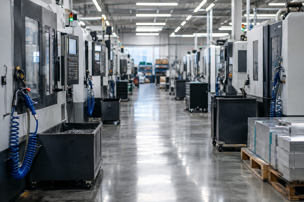 Long view down an industrial machine shop aisle lined with CNC machine enclosures under fluorescent light.