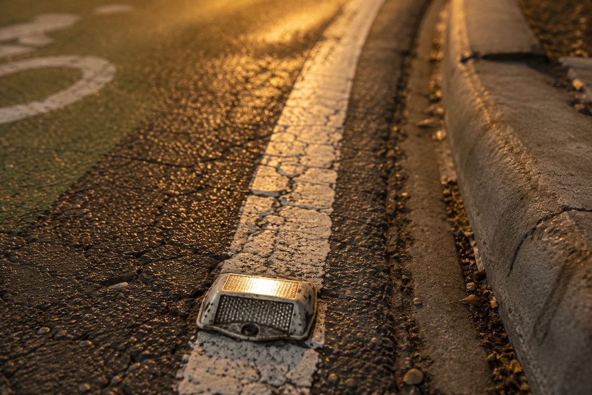 Close-up of a worn white lane stripe and a reflective marker on cracked asphalt at dusk, lit by orange streetlight.