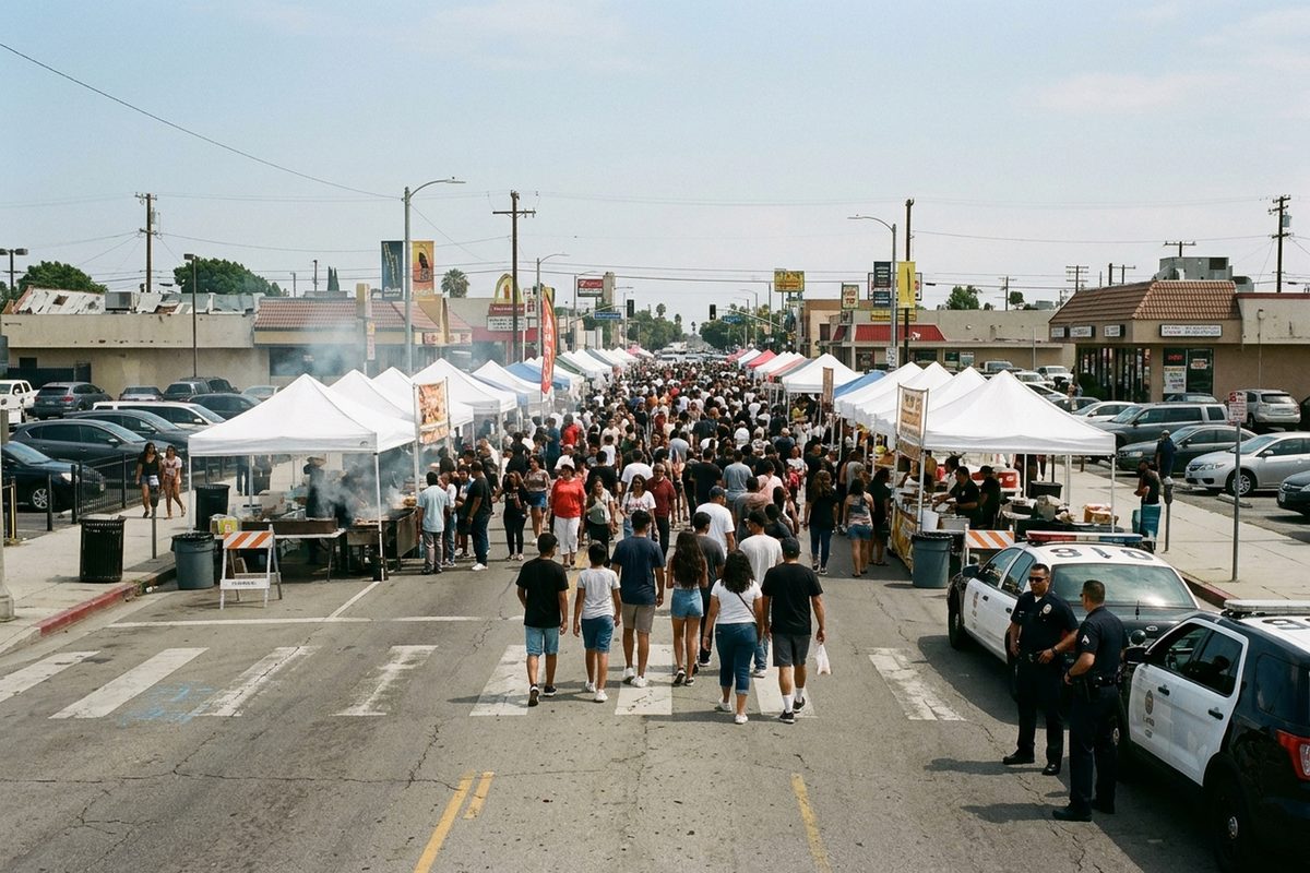 Photo illustration of a crowded street festival with food booths and police cars parked at the edge.