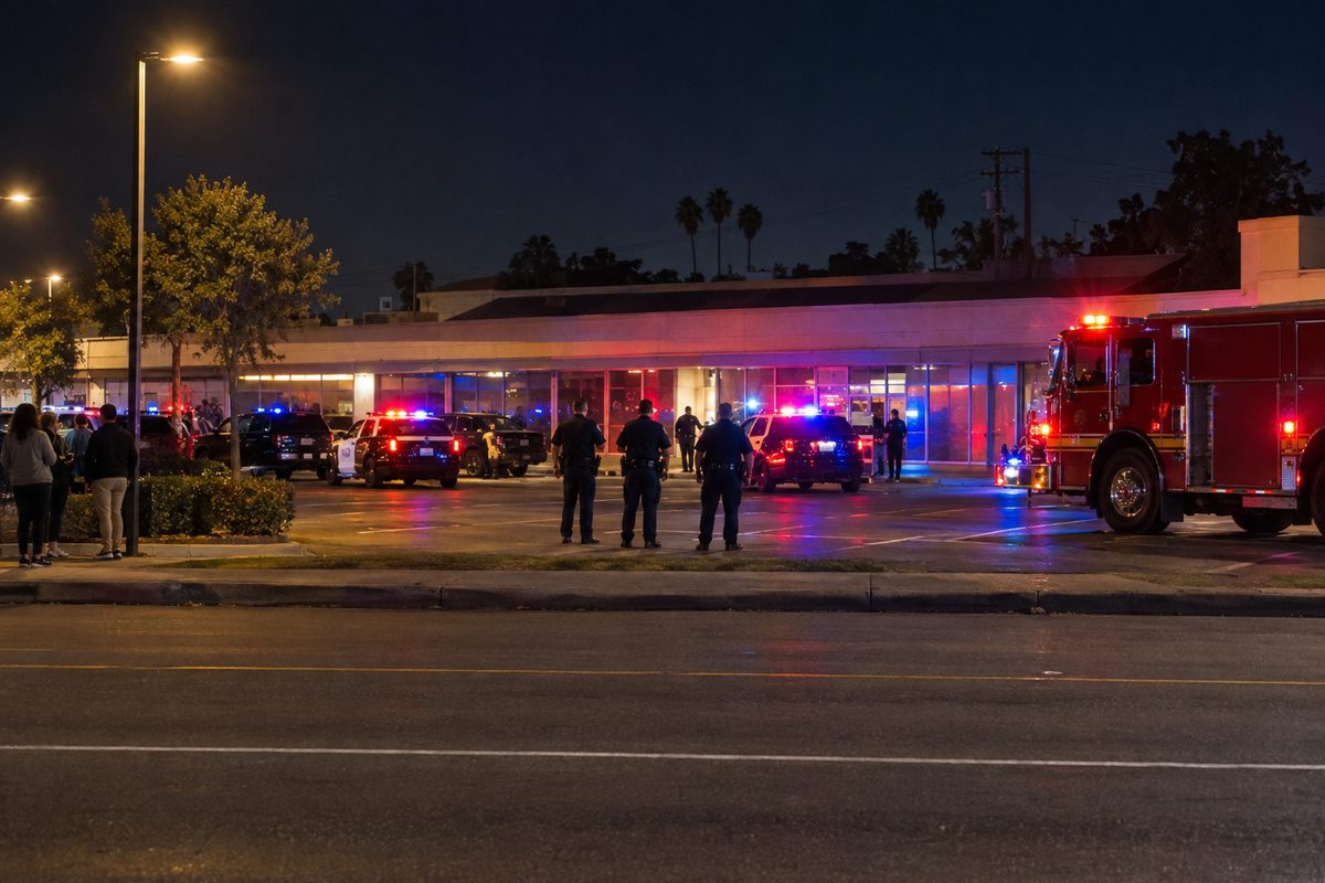 Police cruisers with lights on outside a strip mall on Nordhoff Street in Northridge at night, officers seen from behind at a distance.
