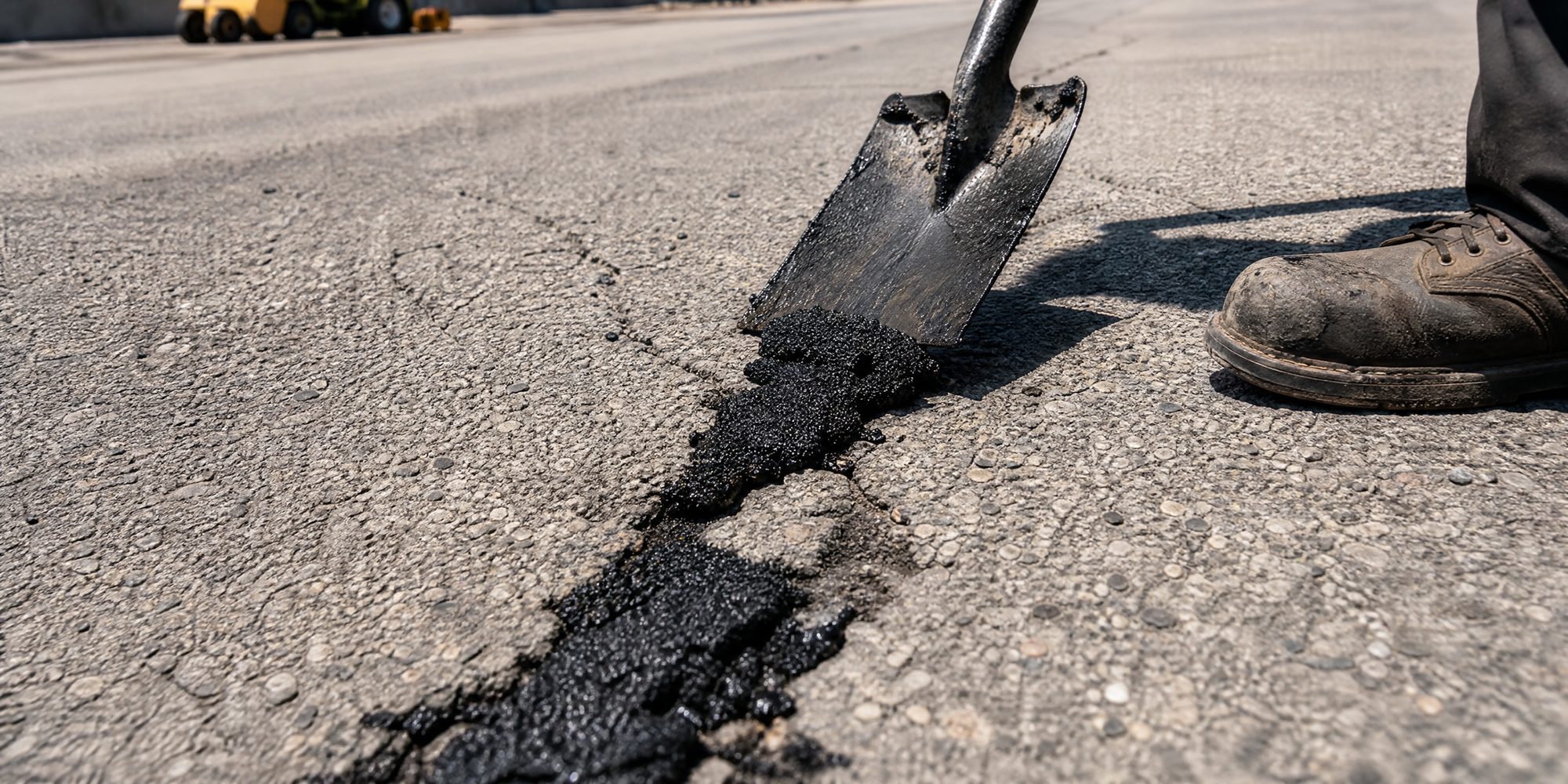 Close-up of black asphalt patch material pressed into a crack in a gray street surface, with a shovel blade and work boots at the edge of the frame in harsh midday light.