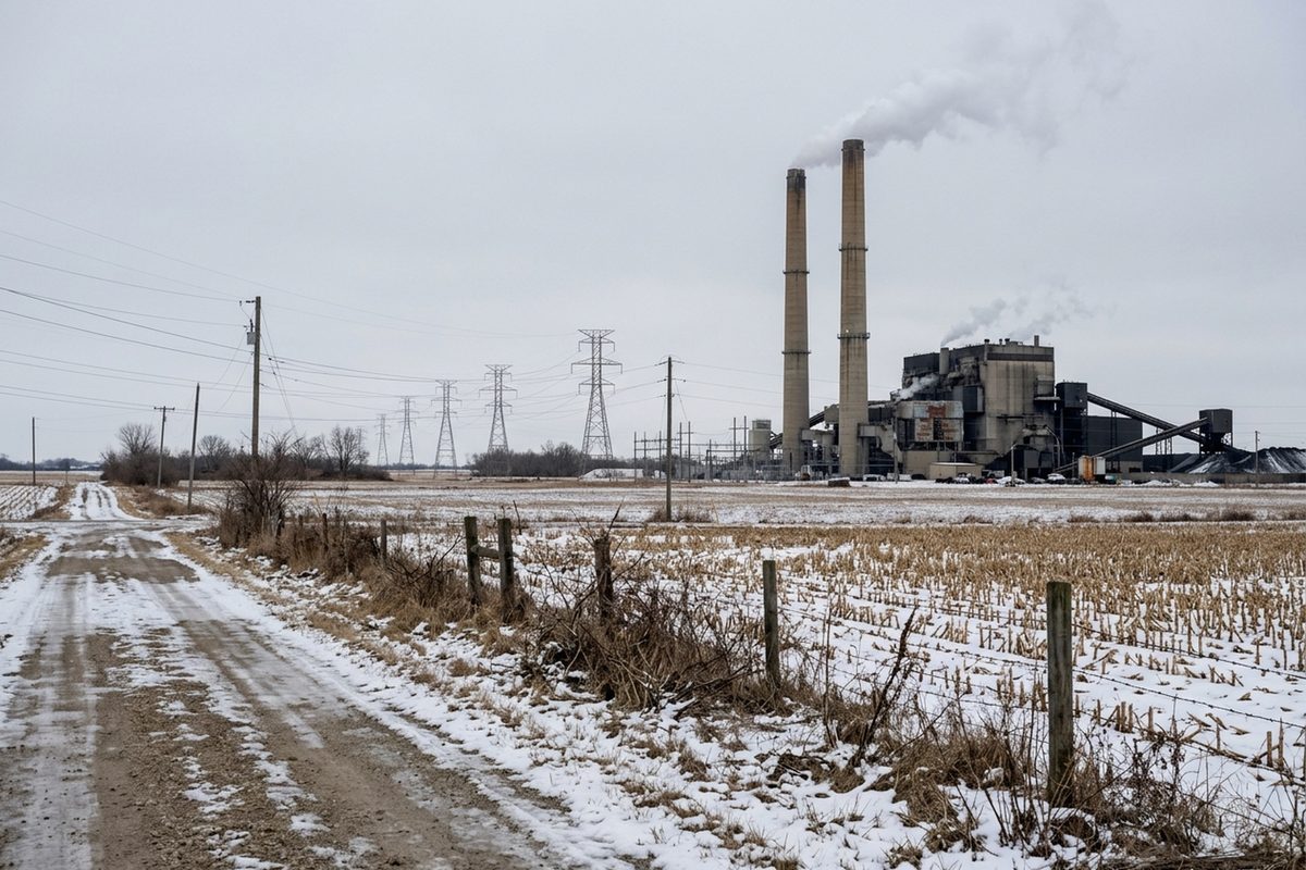 Smokestacks and a boiler building at a coal-fired power plant on flat Midwestern farmland under an overcast winter sky, with steam rising.