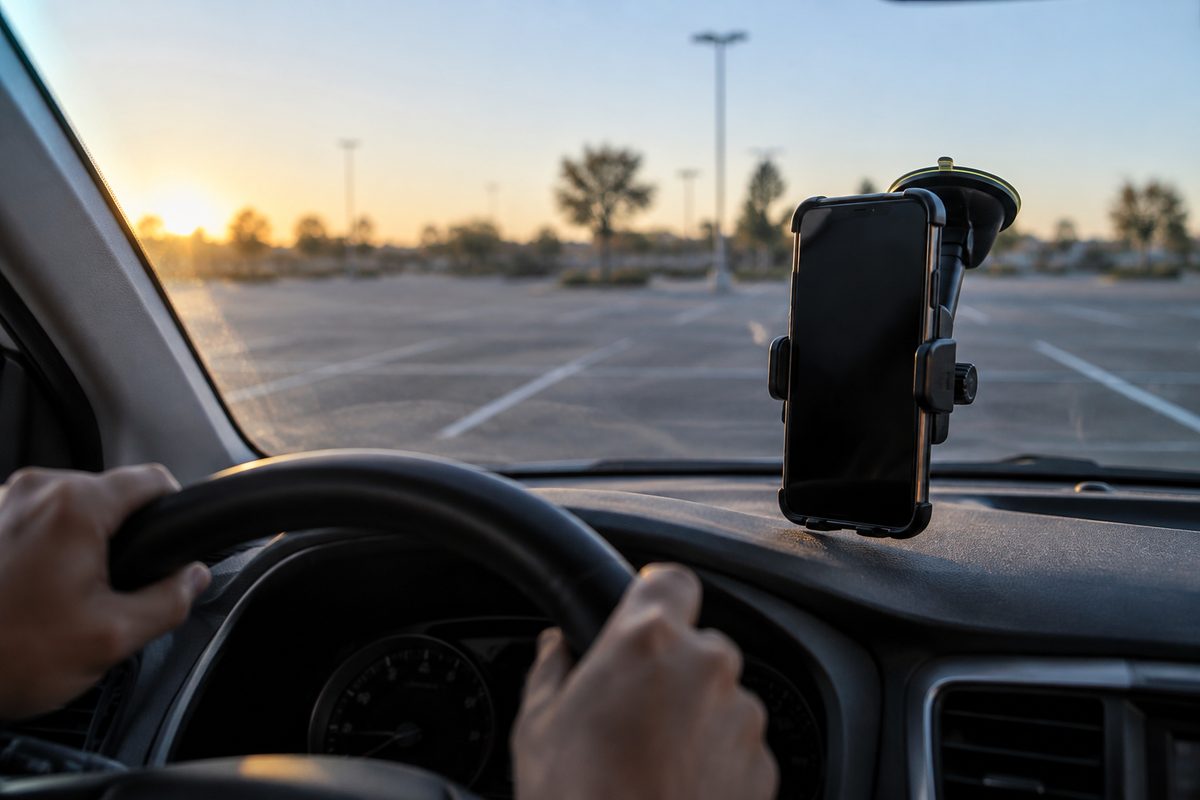 Close macro of a smartphone clamped in a windshield mount inside a parked car, screen dark and unreadable, empty parking lot beyond the glass at first light.