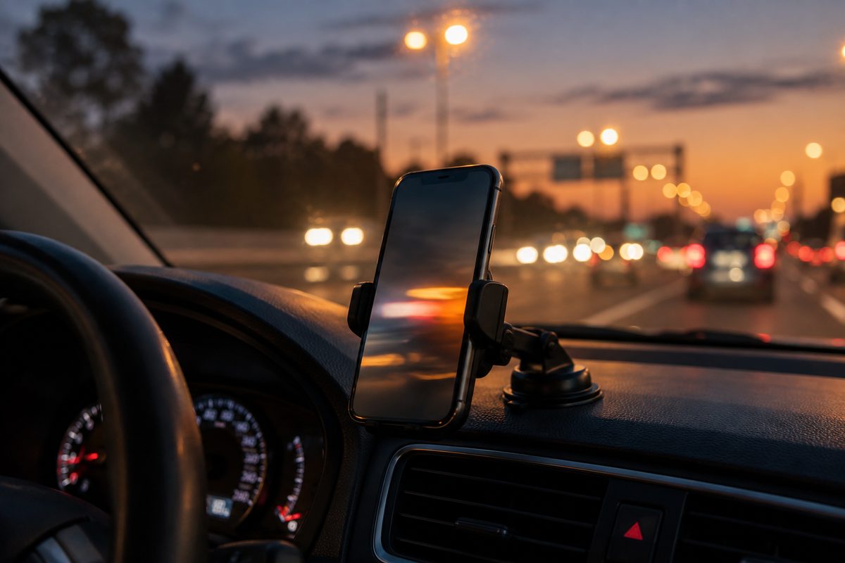 Close-up of a phone clipped to a car dashboard at dusk, freeway lights blurred through the windshield.