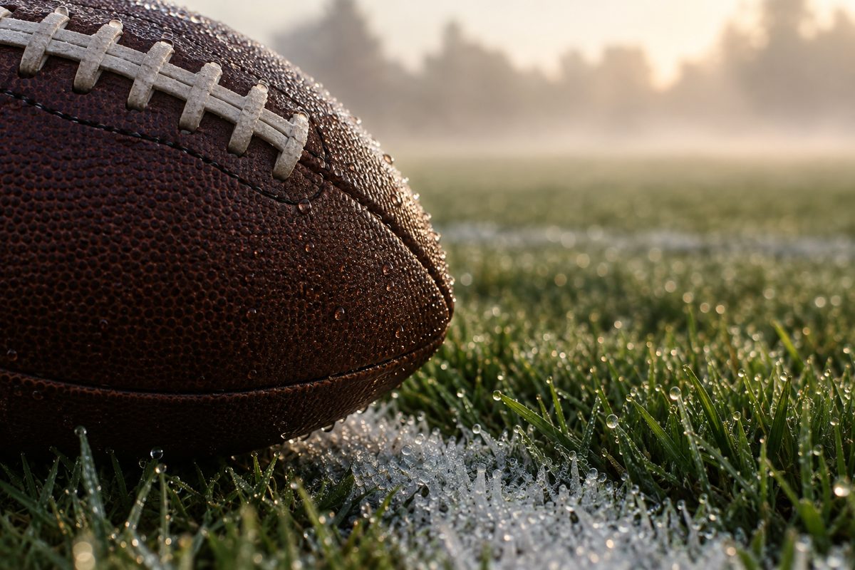 Extreme macro of a football's leather panel and laces resting on a chalk sideline stripe, haze in the background.