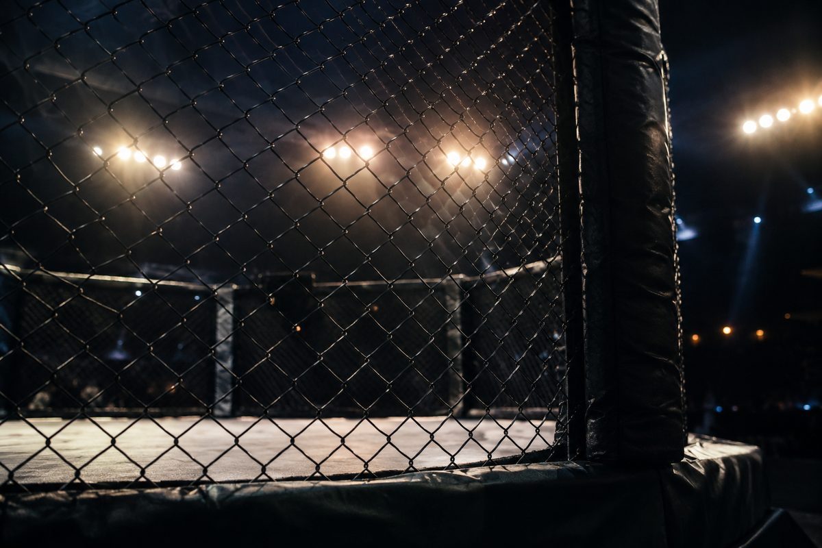 Chain-link cage fencing and a padded corner post in silhouette against arena floor lights at night.