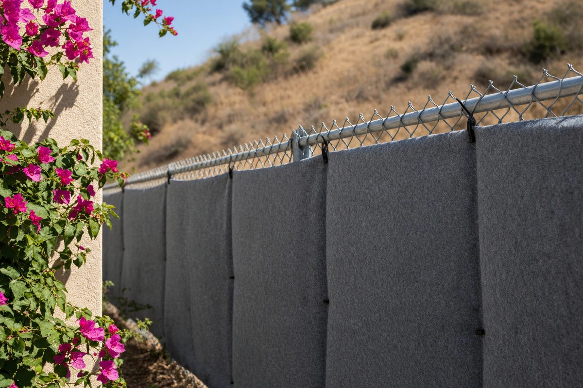 Gray acoustic blanket panels tied to a chain-link fence along a dry hillside property line at midday.