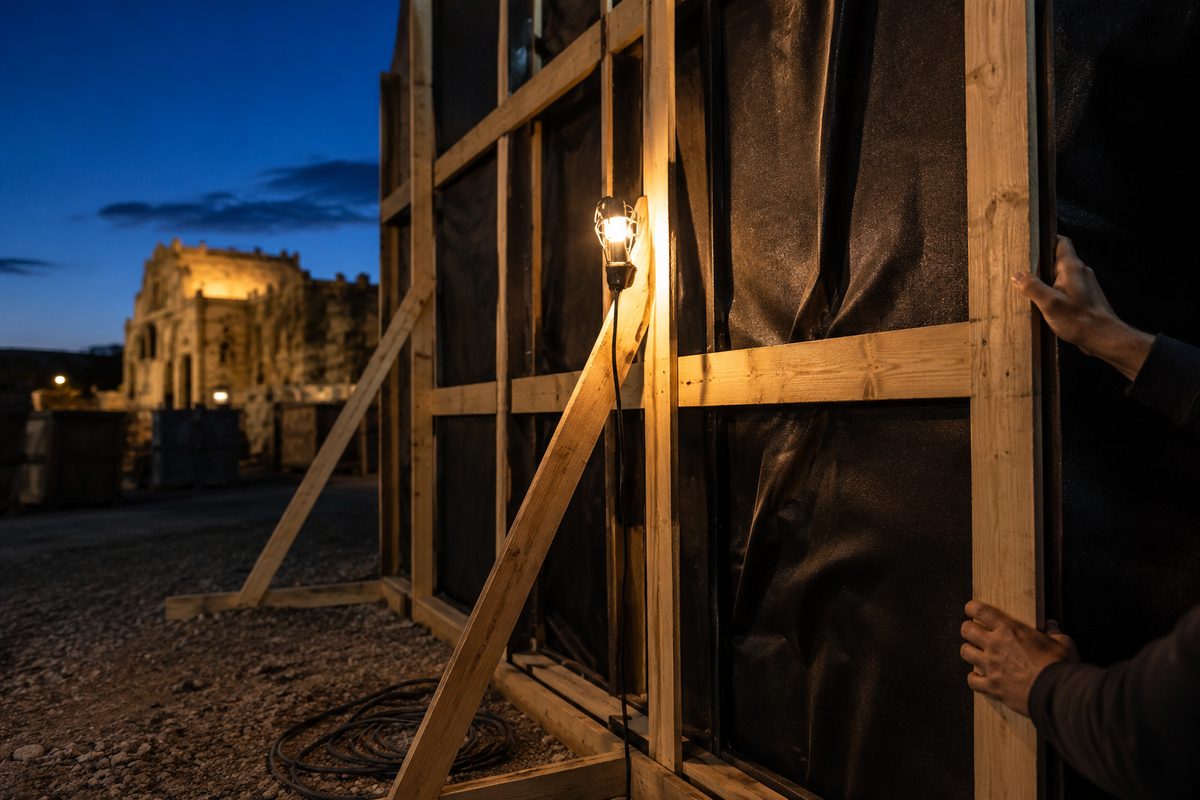 The unpainted back of a temporary haunted-attraction set at dusk: plywood studs, stapled black fabric, and a clamped work light, with anonymous hands steadying a panel at the frame's edge.