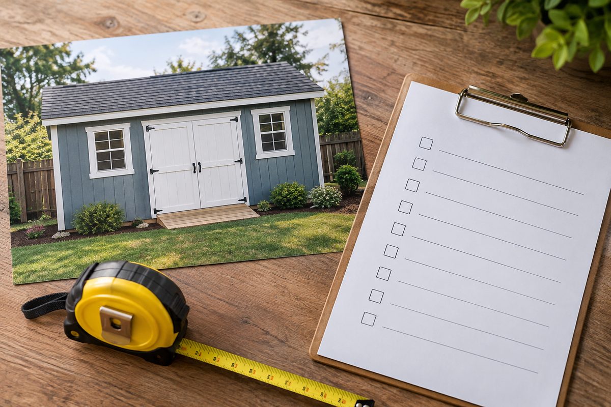 Photo illustration: flat editorial illustration, brand palette - a single-story detached backyard structure beside a clipboard checklist and a tape measure, overhead flat-lay, neutral daylight, no legible text, no logos, no people, no identifiable building