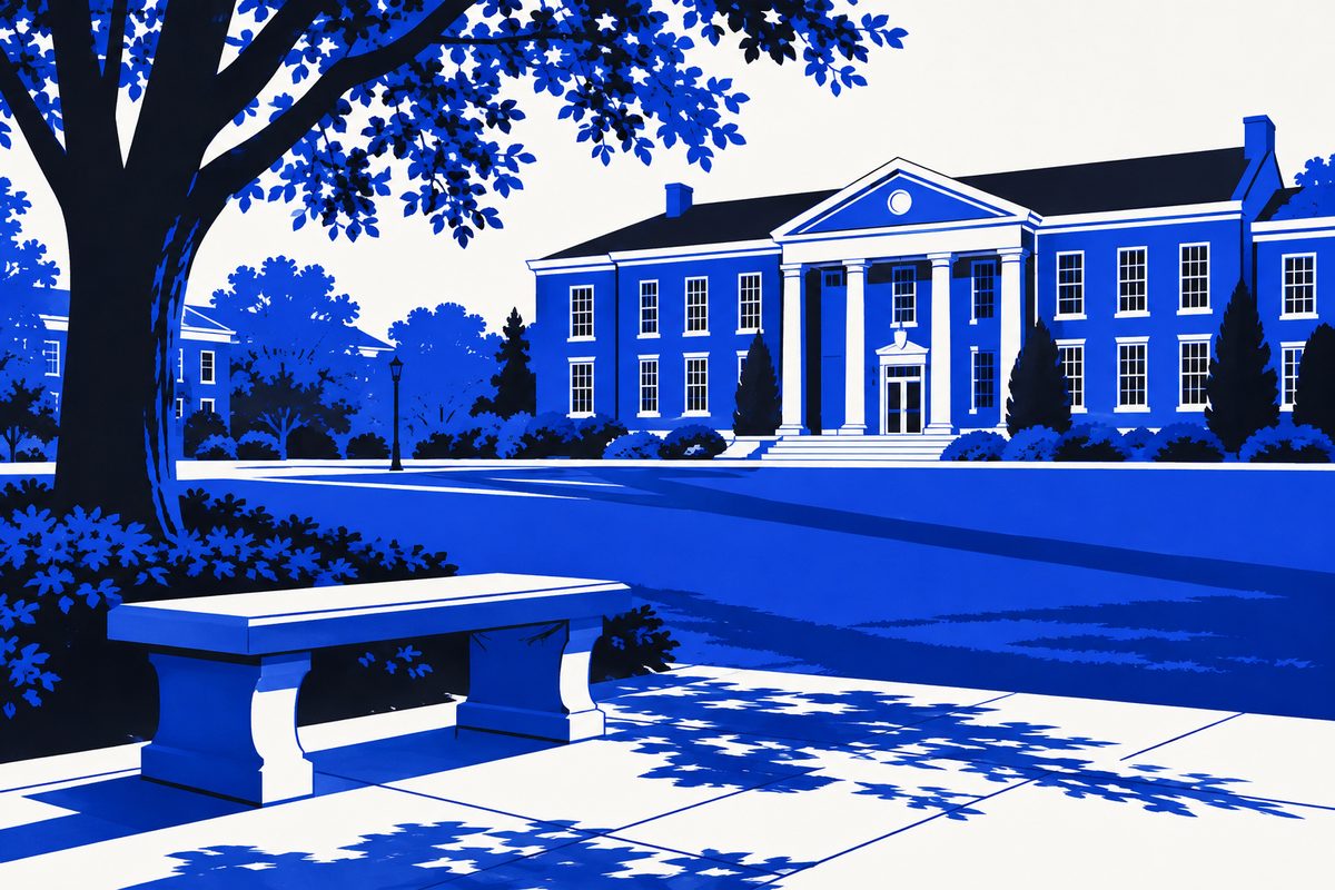 Illustration: Photorealistic editorial illustration of a university quad in early morning light: a brick administration building with tall windows and a columned entrance seen across a lawn, a mature tree casting long shadows, an empty stone bench in the foreground on a paved walkway. No people, no signage, no seals, no logos, no text. Muted natural palette, soft low-angle sunlight, quiet and unpeopled, drawn scene with realistic detail.