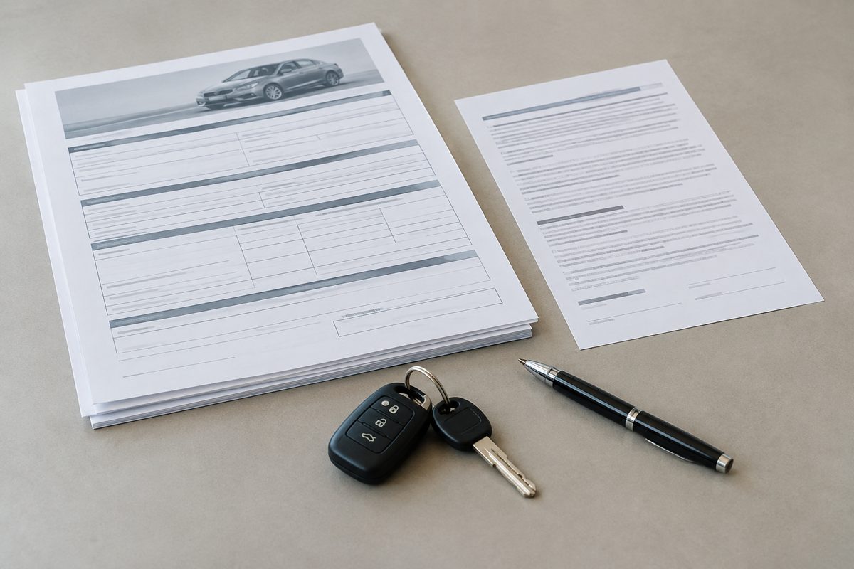 Photo illustration: an overhead flat-lay on a plain dealership desk of a used-car purchase contract, a separate single-page cancellation disclosure, a set of car keys on a blank fob and a ballpoint pen, no logos, no readable text, no people, no seasonal tells, neutral daylight, Handbook Desk service photography