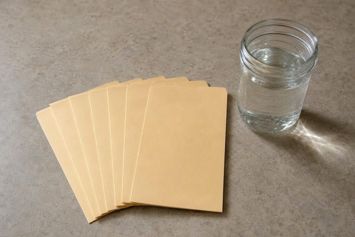 Photo illustration: an overhead flat-lay on a plain counter of seven identical unlabeled manila service-request slips fanned in a row, a single clear glass jar of still water beside them catching the light, neutral daylight, no signage, no logos, no readable text, no people, no seasonal objects