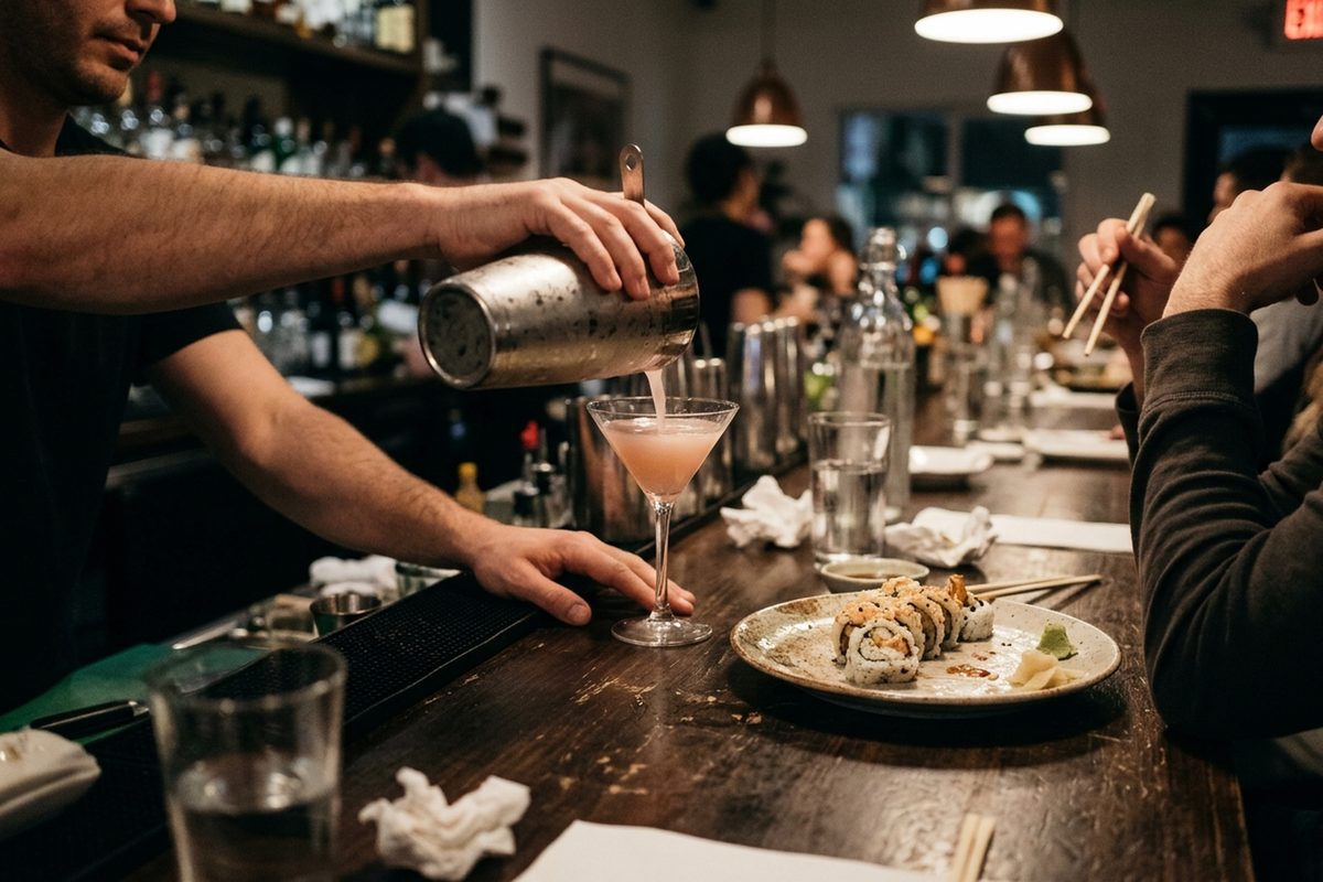 A bartender's hands pour a pale pink cocktail into a martini glass at a sushi bar counter in Venice, Los Angeles, with plates of rolls nearby.