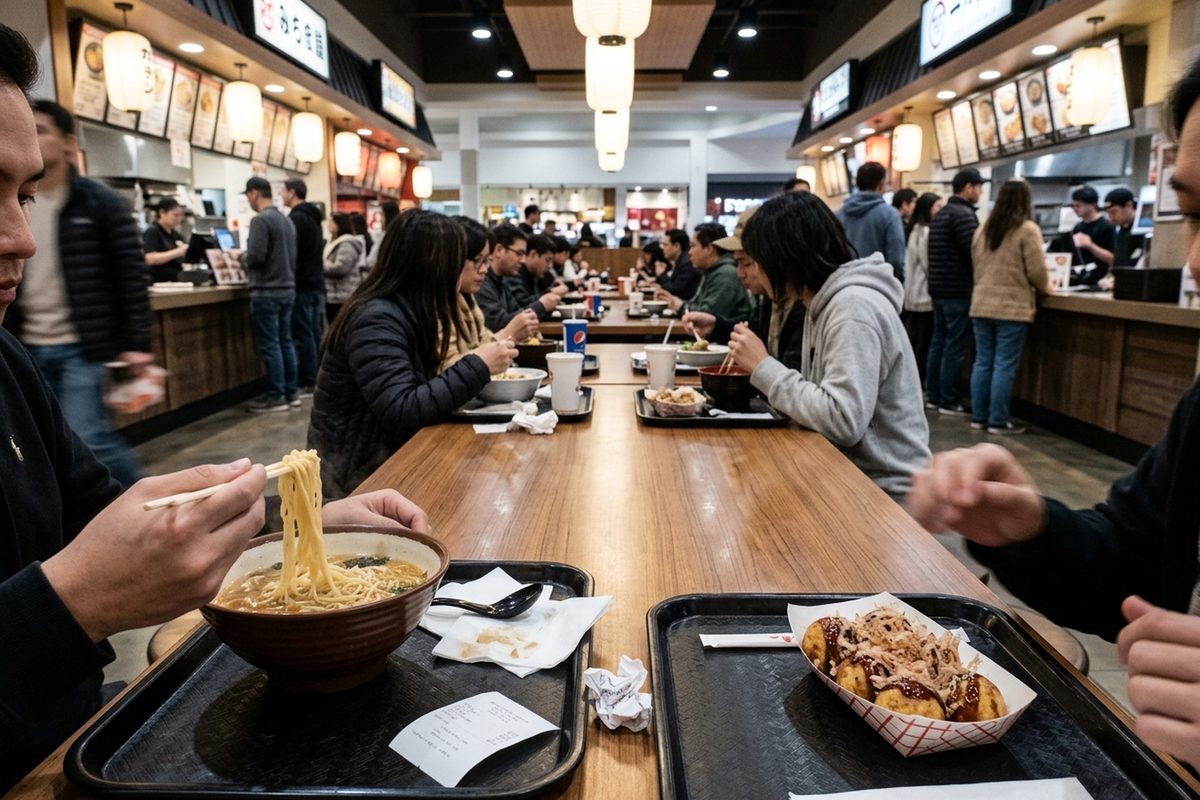 Diners eat ramen at long communal tables in a food hall.