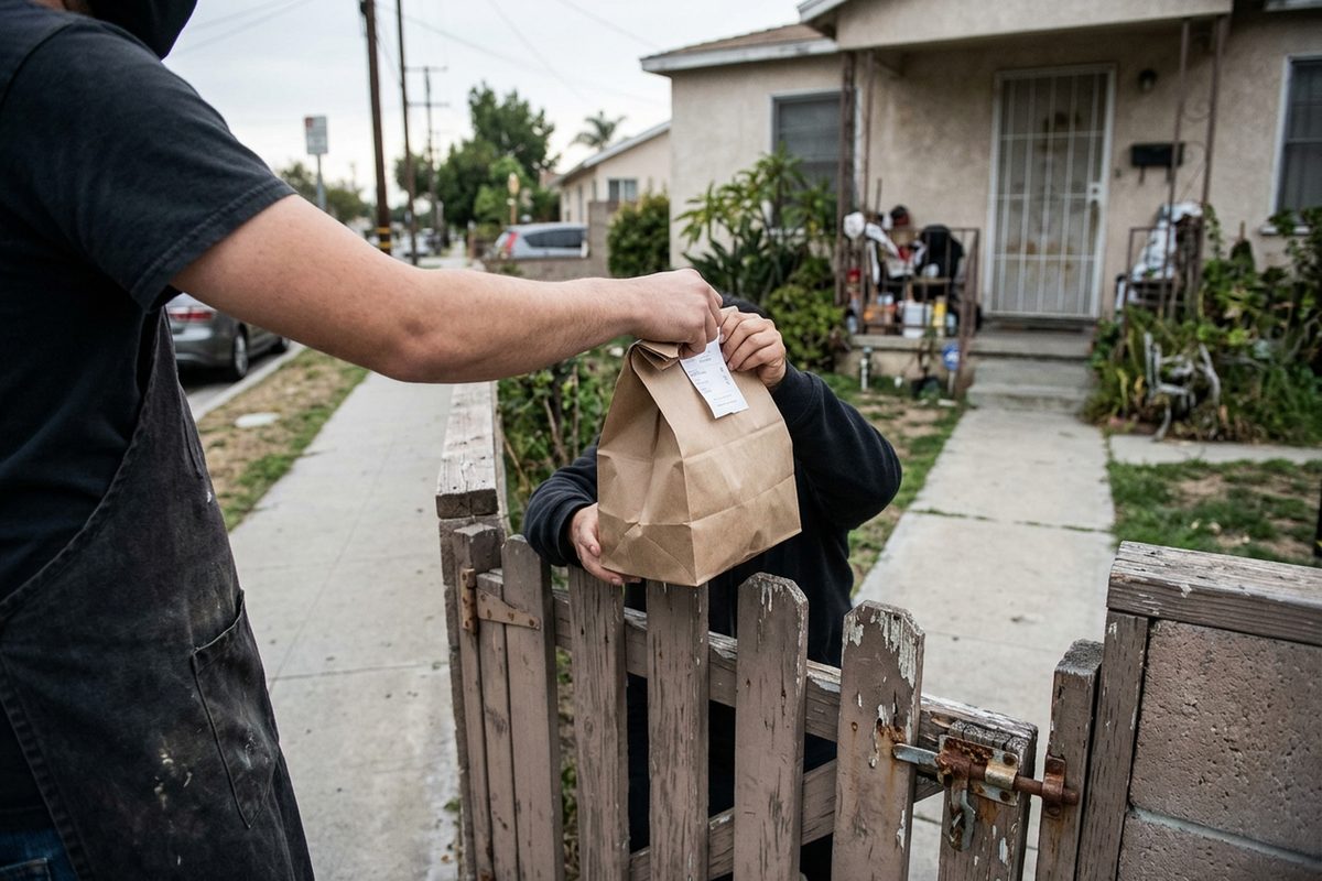 Hands passing a brown paper takeout bag over a low front gate of a single-story house on a quiet residential street in Lomita on an overcast afternoon.