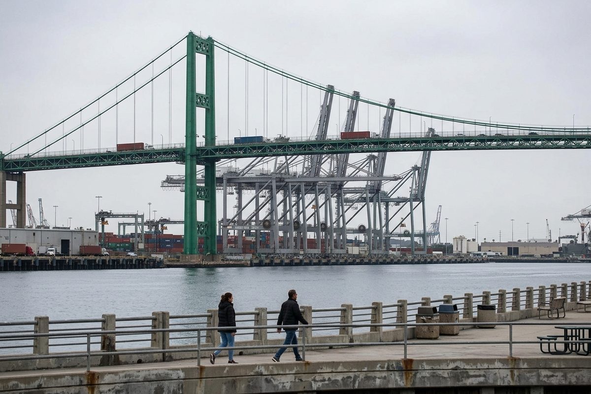 The green Vincent Thomas Bridge suspension span over the Port of Los Angeles main channel on an overcast afternoon, with trucks crossing the deck.