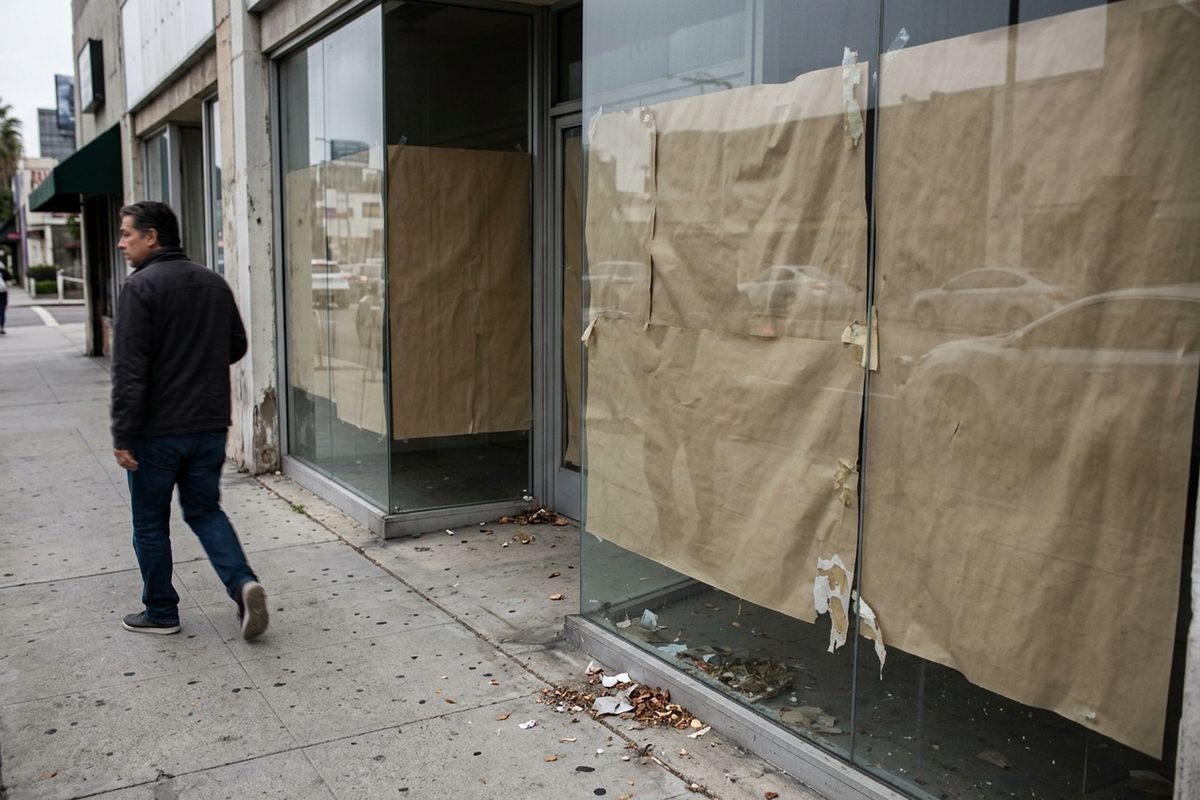 Papered-over windows of an empty storefront on Sunset Boulevard in Hollywood, with a pedestrian and traffic reflected in the glass.