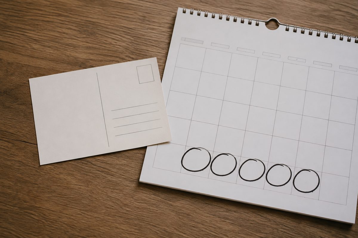 Photo illustration: stylized overhead flat-lay of a plain county postcard beside an open wall calendar, four days ringed in ink past the last day printed on the card; flat editorial vector, no people, no party marks, no ballot imagery.