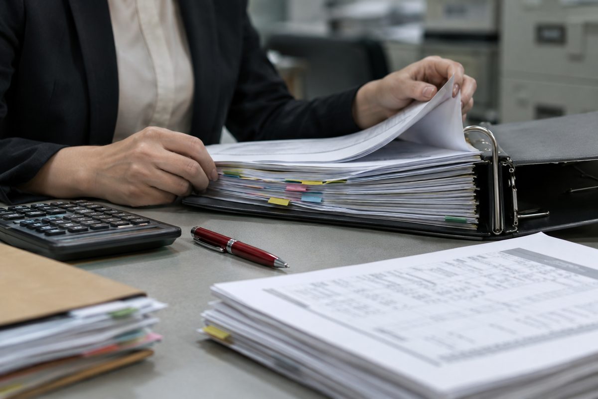Hands flipping through a thick audit binder beside a calculator on a desk under fluorescent office light.