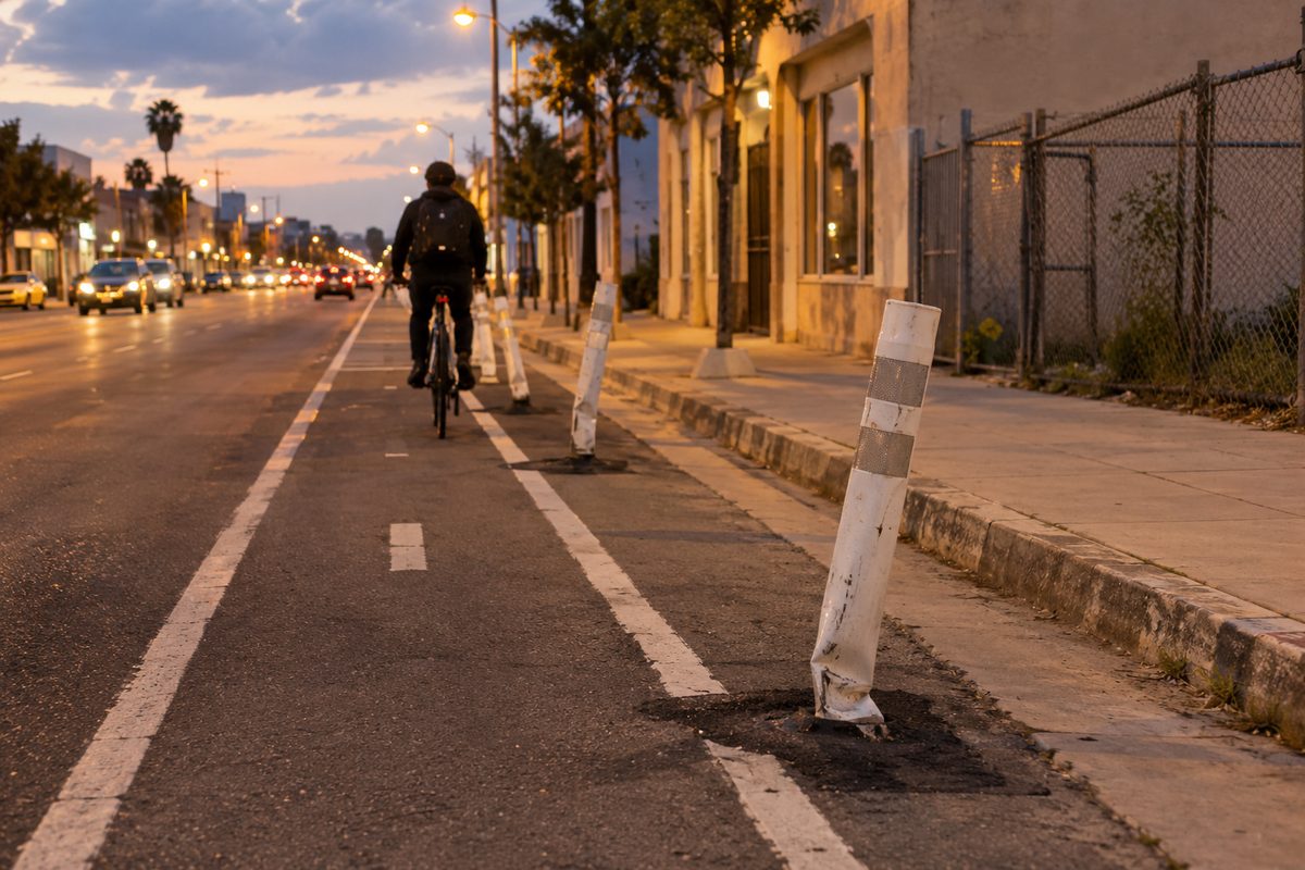 A striped bike lane beside a curb of patched asphalt at dusk, with bent plastic bollards and a cyclist riding away from the camera.