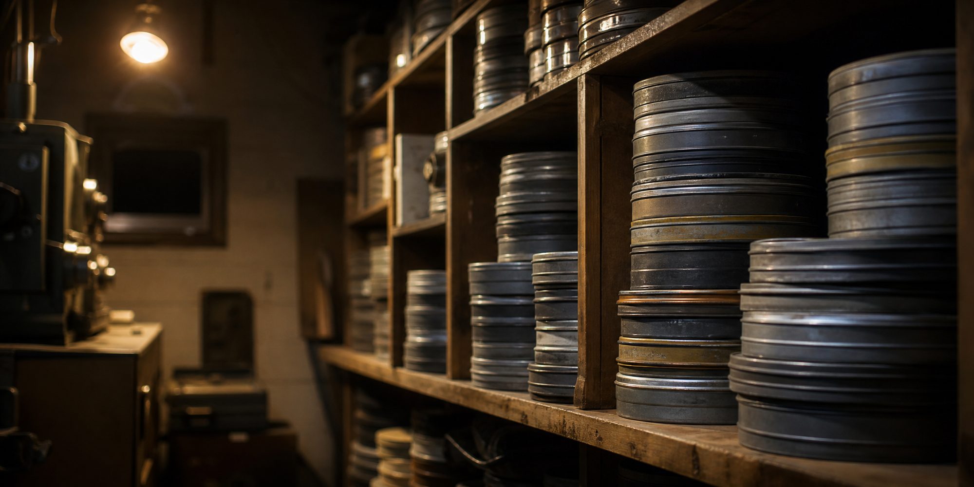 Shallow-focus photograph of stacked metal film cans on a wooden projection-booth shelf, lit by warm tungsten light, labels unreadable.