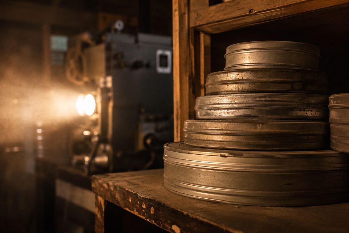 Shallow-focus photograph of stacked metal film cans on a wooden projection-booth shelf, lit by warm tungsten light, labels unreadable.