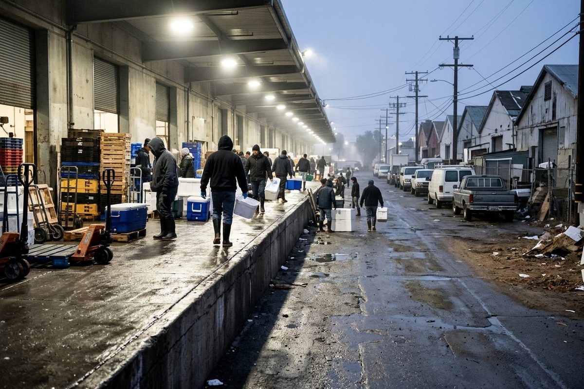 Photo illustration of buyers in rubber boots carrying ice chests along a wet, floodlit fish-market loading dock before sunrise.
