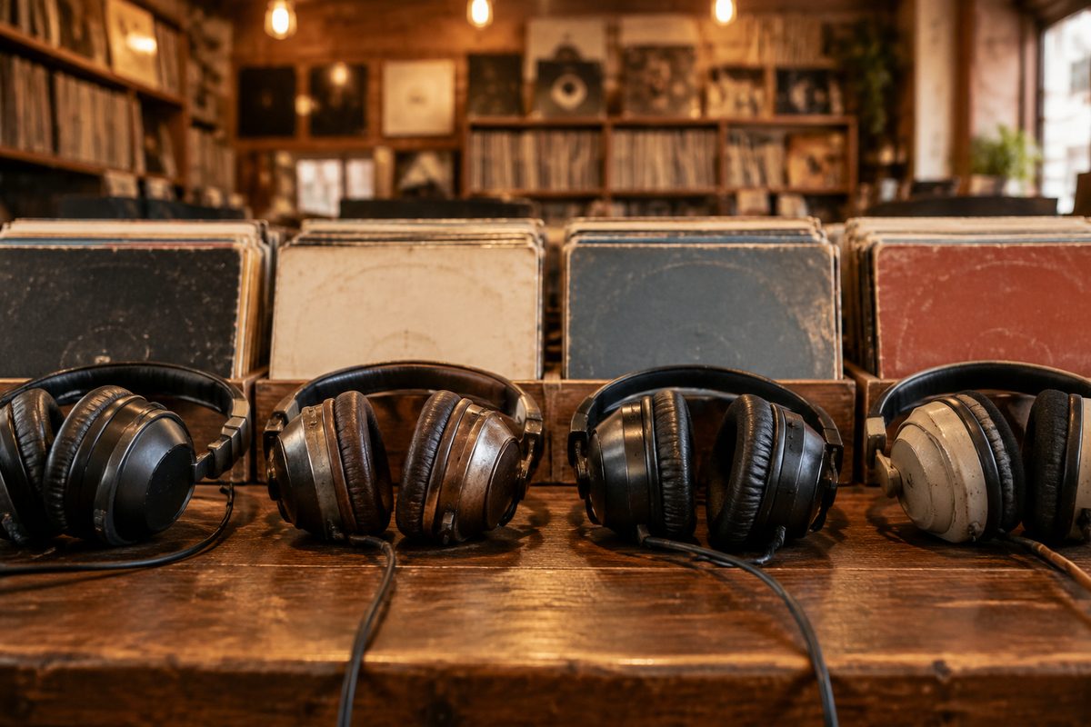A row of headphones resting on a wooden counter at an anonymous record-shop listening station, seen straight on.