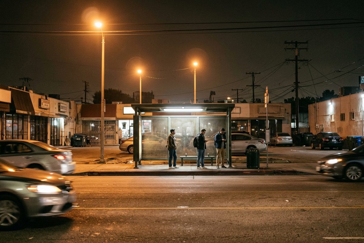 Commuters wait at a bus shelter on Santa Monica Boulevard in West Hollywood at night under orange streetlights.