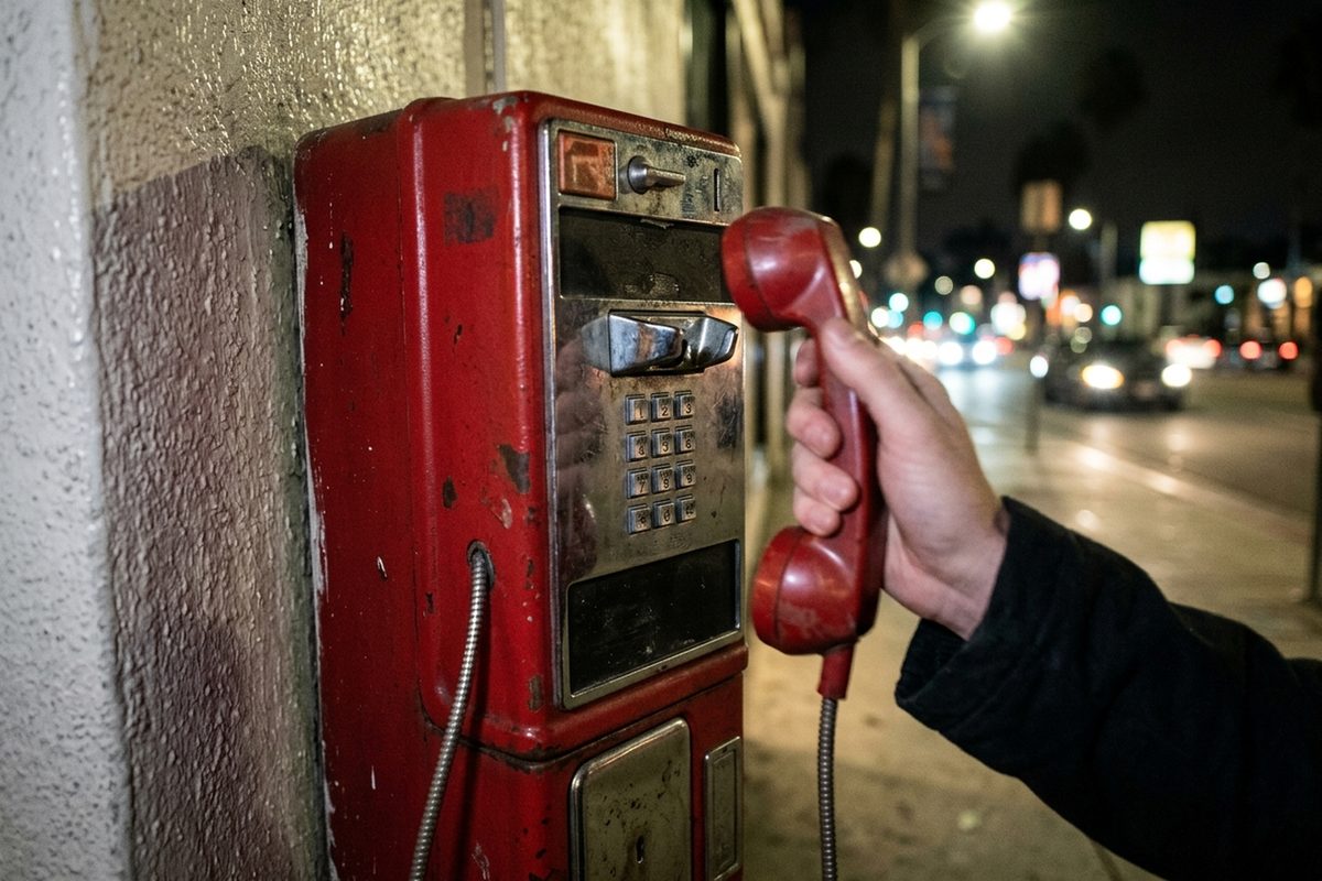 A hand lifts the receiver of a red payphone on a West Hollywood sidewalk along Santa Monica Boulevard at night.