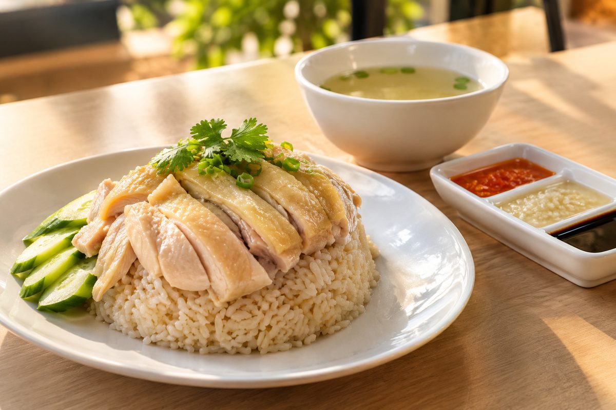 Sliced poached chicken over a mound of rice on a white plate, with three small dishes of sauce beside it.