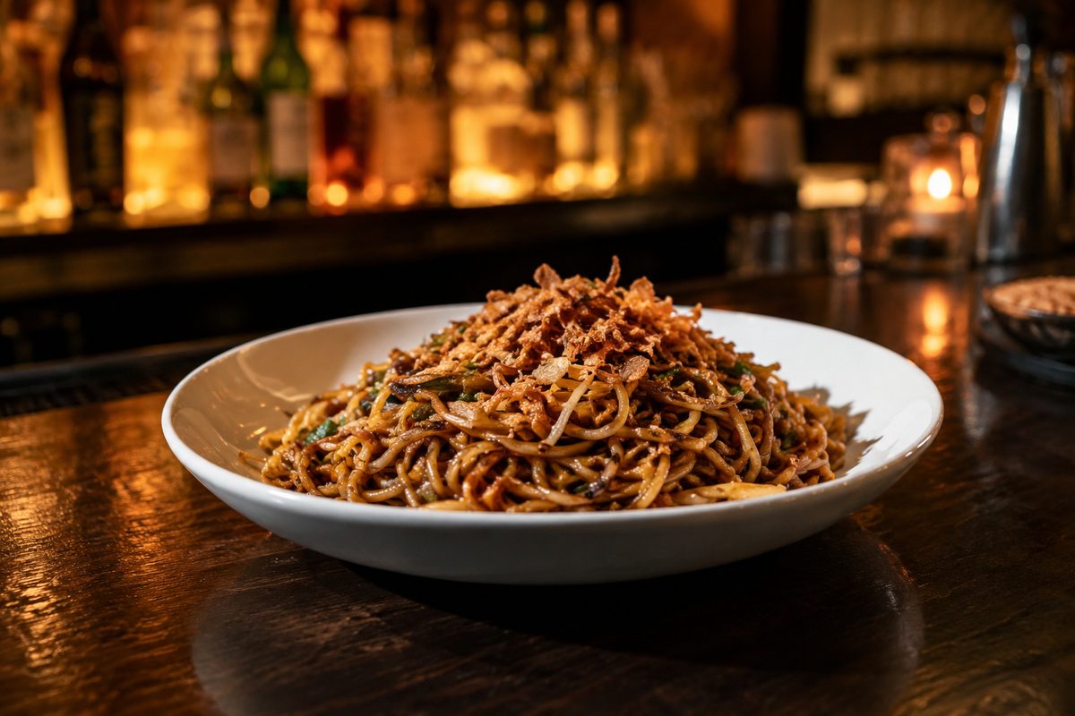 A three-quarter view of a plate of thin noodles topped with crispy fried shallots, sitting on a dark bar counter with a backlit glow behind it.
