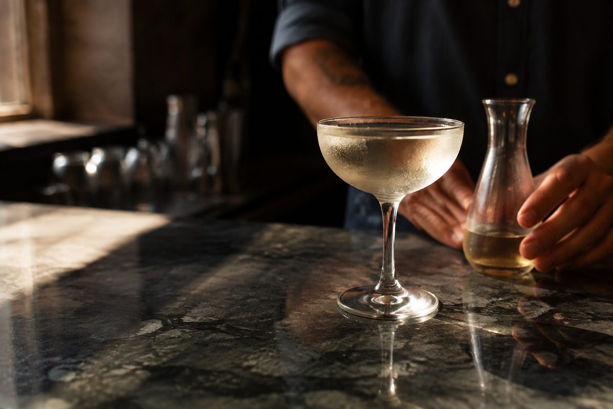 Close-up of a chilled coupe glass on a dark stone bar counter, condensation beading on the glass, a bartender's hand at the edge of frame.