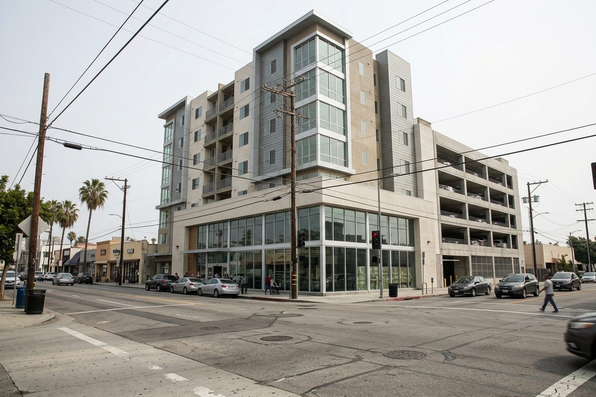 Photo illustration: A newly finished eight-story apartment building rising over a large ground-floor grocery store with tall glass storefront windows and an attached multi-level parking structure, on a busy commercial street corner in the Fairfax District of Los Angeles, seen from the sidewalk across the street, a few cars at the curb, palm trees and low older shops along the block, plain hazy late-morning daylight; no text, signs, prices or logos anywhere in the picture.