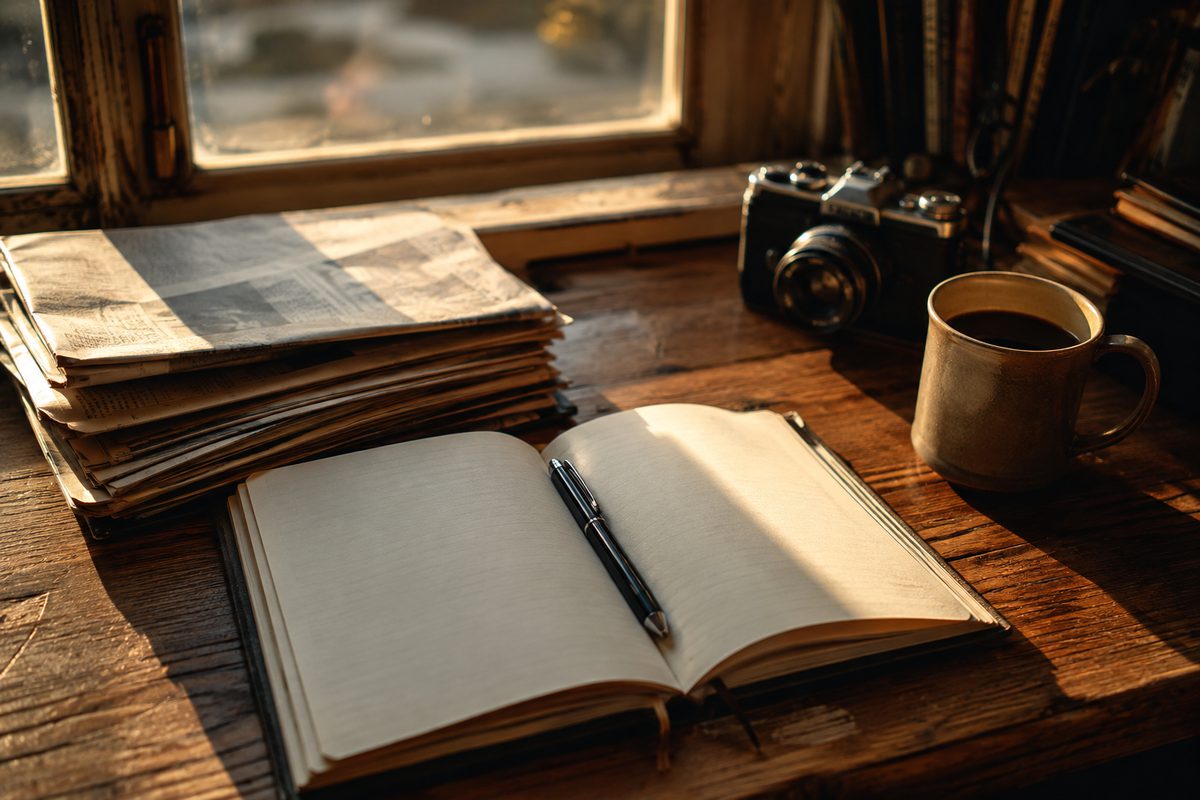 Photo illustration: a wooden writer's desk by a window at golden hour - an open notebook and pen, folded newspapers, a small film camera and a coffee cup, warm raking light, no readable text, no people