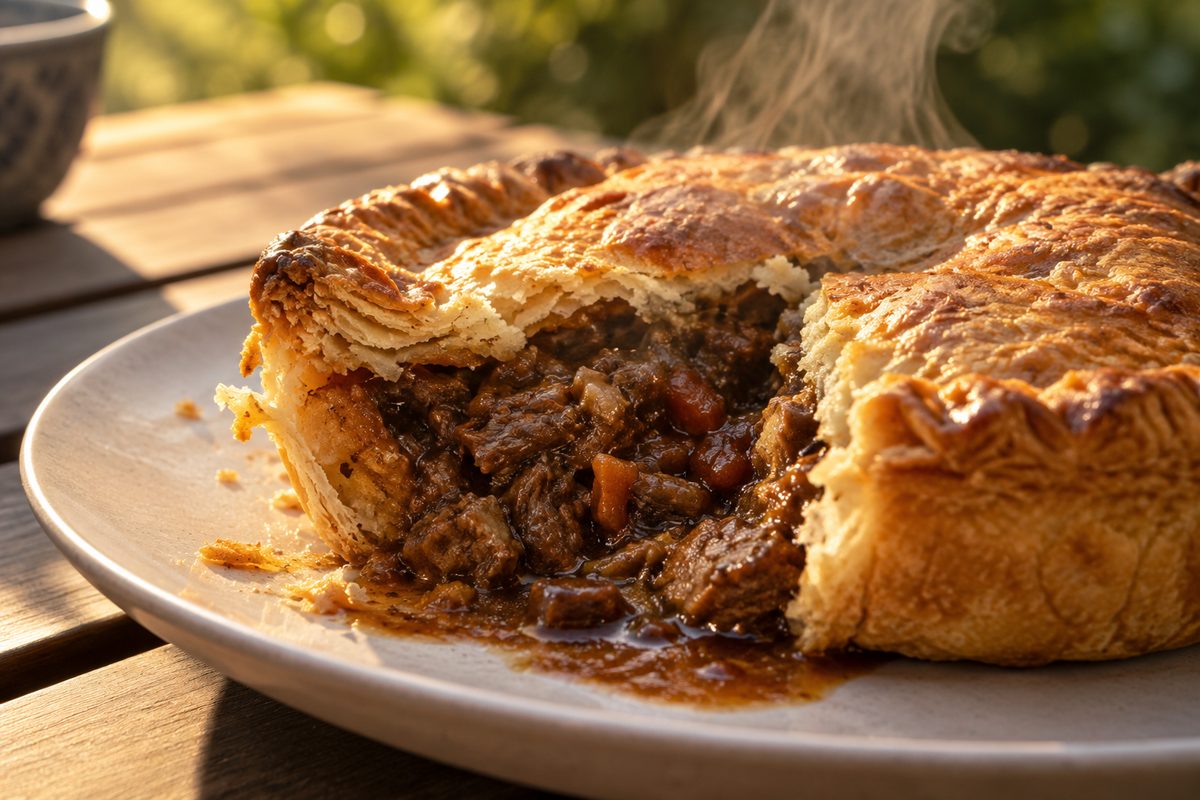 Close-up of a just-cut savory meat pie, steam rising from the dark filling under a golden crust.