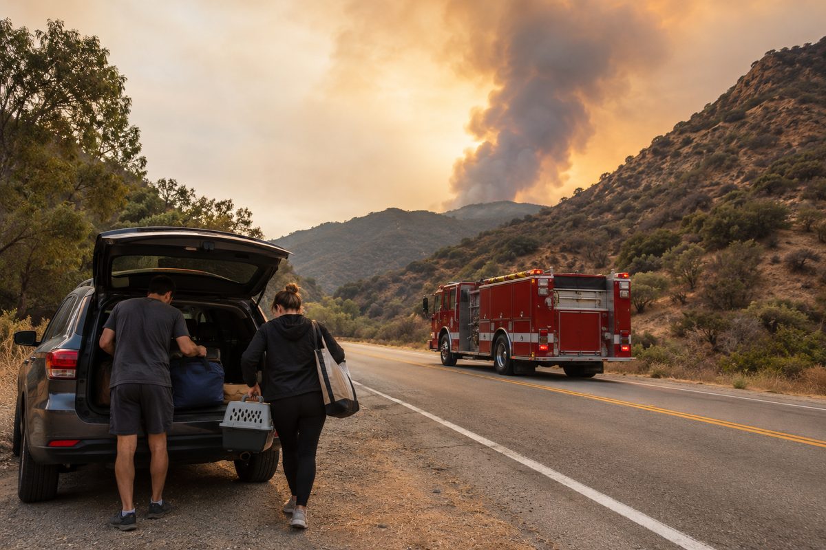 A tall plume of brown-gray smoke rises over brushy mountains above Bouquet Canyon Road as residents load a car in the late-afternoon light.