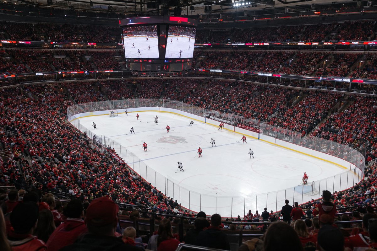 A wide view of a hockey game at Chicago's United Center at night, with fans in red sweaters filling the lower bowl around the ice.